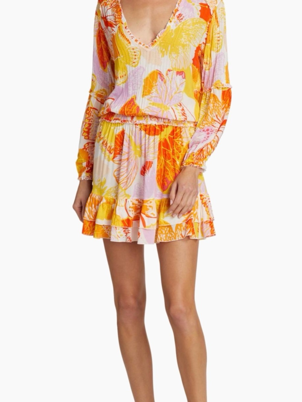 Poupette St. Barth Yellow Orange Pink Floral Ruffle Mini Dress